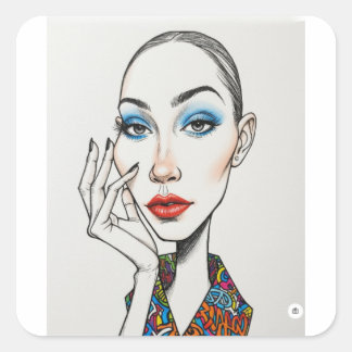 Pegatina Cuadrada Fashion Model Pop Art Portrait Blue Eyeshadow Red