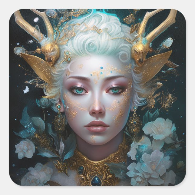 Pegatina Cuadrada Faun Elf Woman Fantasy Art (Anverso)