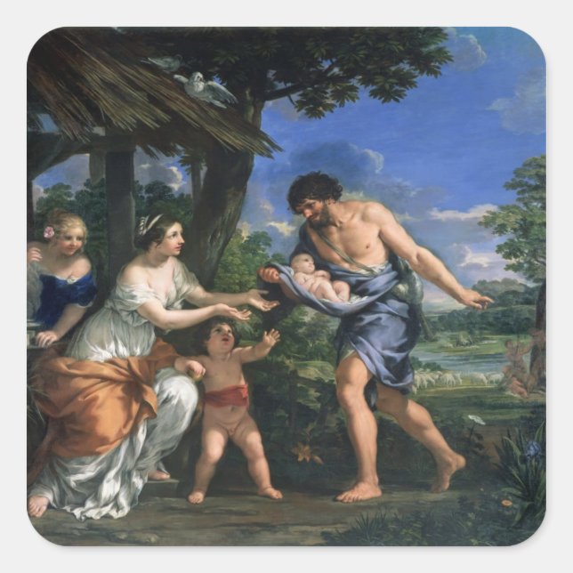 Pegatina Cuadrada Faustulus confiando a Romulus y Remus (Anverso)