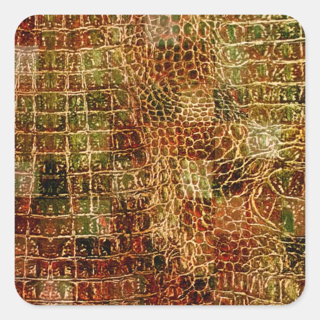 Pegatina Cuadrada Faux Alligator Animal Piel Cuero Rojo Marrón (Anverso)