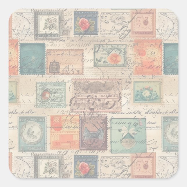 Pegatina Cuadrada Faux Fantasy Postage Collage 6 light (Anverso)