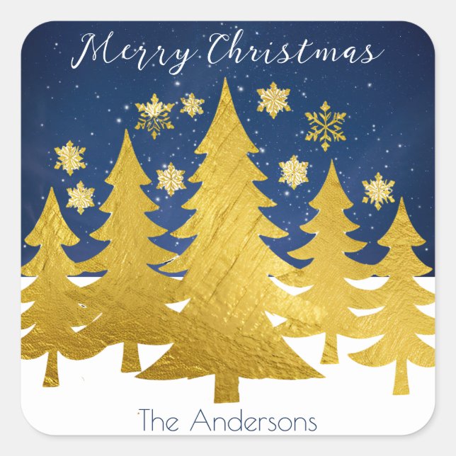 Pegatina Cuadrada Faux Gold Christmas Trees in Winter Snow Festive (Anverso)