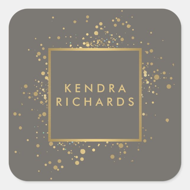 Pegatina Cuadrada Faux Gold Confetti dispersado en Gris II moderno (Anverso)