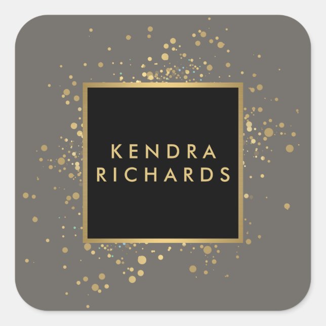 Pegatina Cuadrada Faux Gold Confetti dispersado en gris moderno (Anverso)