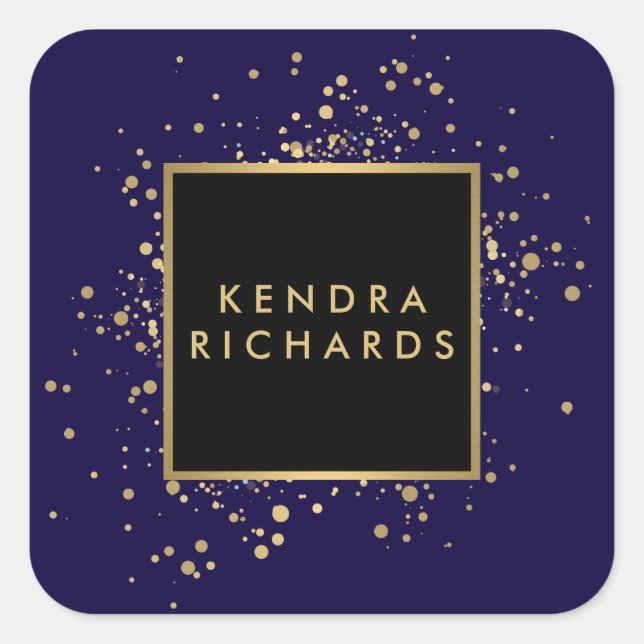Pegatina Cuadrada Faux Gold Confetti disperso en azul moderno (Anverso)