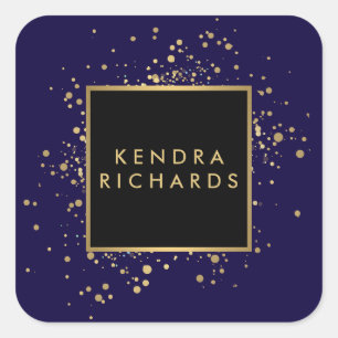 Pegatina Cuadrada Faux Gold Confetti disperso en azul moderno
