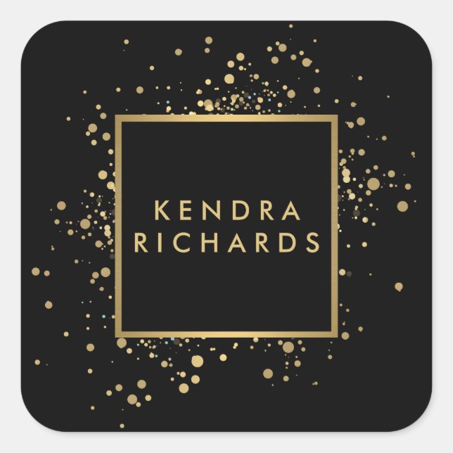 Pegatina Cuadrada Faux Gold Confetti disperso en negro moderno (Anverso)