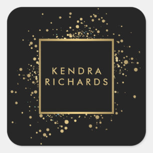 Pegatina Cuadrada Faux Gold Confetti disperso en negro moderno