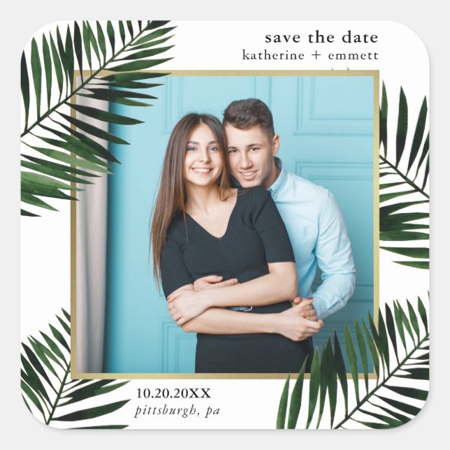 Pegatina Cuadrada Faux Gold Frame y Palm Photo Save the Date (Anverso)