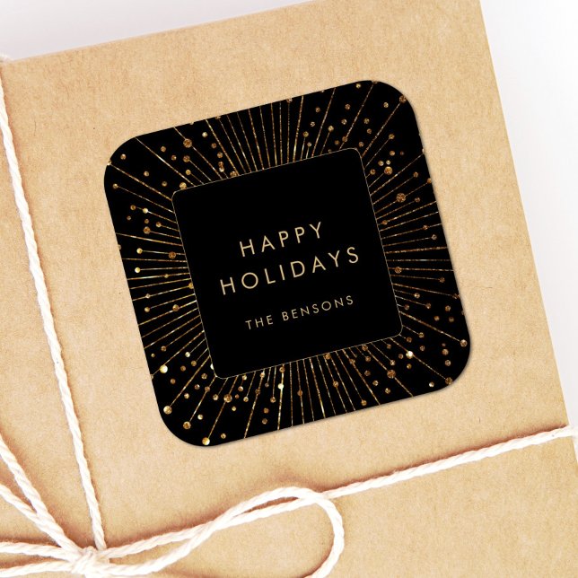 Pegatina Cuadrada Faux Gold Purpurina Sunburst Happy Holidays Square (Subido por el creador)
