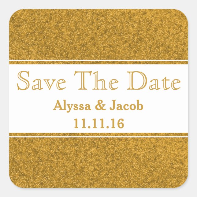 Pegatina Cuadrada Faux Gold Purpurina Wedding Save the Date (Anverso)