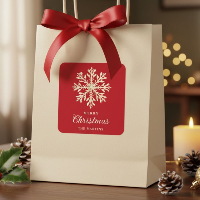 Pegatina Cuadrada Faux Gold Snowflake Red Custom Holiday (Subido por el creador)