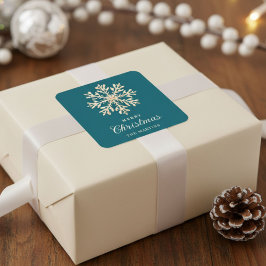 Pegatina Cuadrada Faux Gold Snowflake Teal Custom Holiday