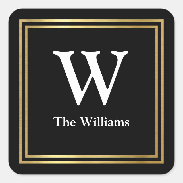 Pegatina Cuadrada Faux gold square con familia inicial y nombre (Anverso)