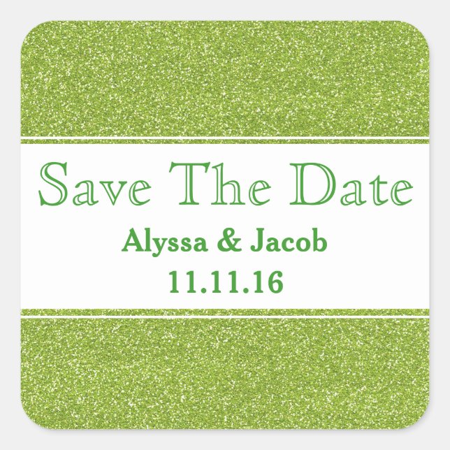 Pegatina Cuadrada Faux Green Purpurina Wedding Save the Date (Anverso)
