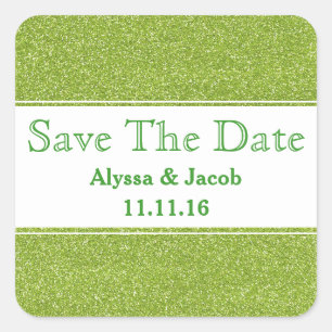 Pegatina Cuadrada Faux Green Purpurina Wedding Save the Date