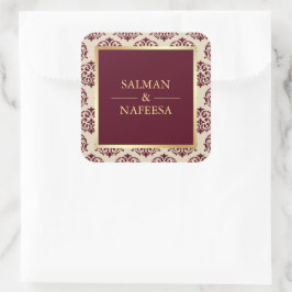 Pegatina Cuadrada Faux Relieve metalizado dorado Burgundy Damask Wed