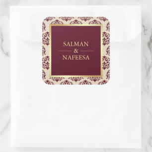 Pegatina Cuadrada Faux Relieve metalizado dorado Burgundy Damask Wed