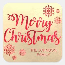 Pegatina Cuadrada Faux Relieve metalizado dorado Merry Christmas Red