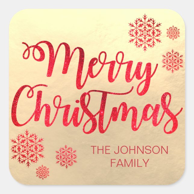 Pegatina Cuadrada Faux Relieve metalizado dorado Merry Christmas Red (Anverso)