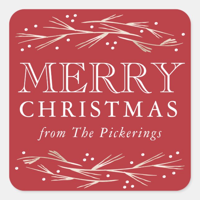 Pegatina Cuadrada Faux Relieve metalizado dorado Pine Merry Christma (Anverso)