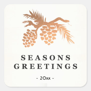 Pegatina Cuadrada Faux Rosa Gold Pine Cone Holiday