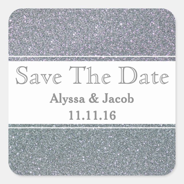 Pegatina Cuadrada Faux Silver Purpurina Wedding Save the Date (Anverso)