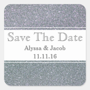 Pegatina Cuadrada Faux Silver Purpurina Wedding Save the Date