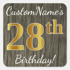 Pegatina Cuadrada Faux Wood, Faux Gold 28th Birthday + Custom Name