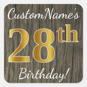 Pegatina Cuadrada Faux Wood, Faux Gold 28th Birthday + Custom Name