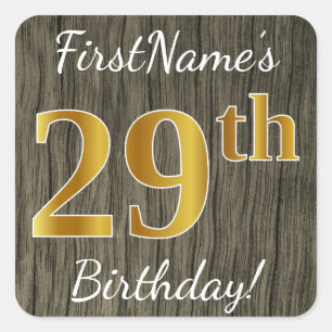Pegatina Cuadrada Faux Wood, Faux Gold 29th Birthday + Custom Name