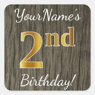 Pegatina Cuadrada Faux Wood, Faux Gold 2Cumpleaños + Custom Name
