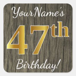 Pegatina Cuadrada Faux Wood, Faux Gold 47th Birthday + Custom Name