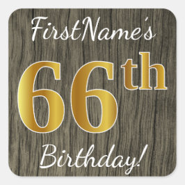 Pegatina Cuadrada Faux Wood, Faux Gold 66th Birthday + Custom Name