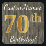 Pegatina Cuadrada Faux Wood, Faux Gold 70th Birthday   Custom Name<br><div class="desc">Este sencillo diseño pegatina de cumpleaños incluye un mensaje como "¡Cumpleaños 70 de CustomName!", con el "70" que tiene un aspecto de color falso/imitación de oro, en un falso fondo de patrón de madera. El nombre se puede personalizar. Pegatinas como estos podrían ser quizás un regalo para alguien que esté...</div>