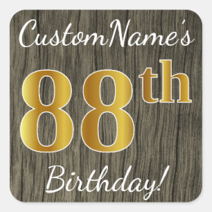 Pegatina Cuadrada Faux Wood, Faux Gold 88th Birthday + Custom Name