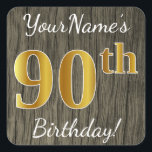 Pegatina Cuadrada Faux Wood, Faux Gold 90th Birthday   Custom Name<br><div class="desc">Este sencillo diseño pegatina de cumpleaños incluye un mensaje como "¡Cumpleaños 90 de tu nombre!", con el "90" con un aspecto de color falso/imitación de oro, en un falso fondo de patrón de madera. El nombre se puede personalizar. Pegatinas como estos podrían ser tal vez un regalo para alguien que...</div>