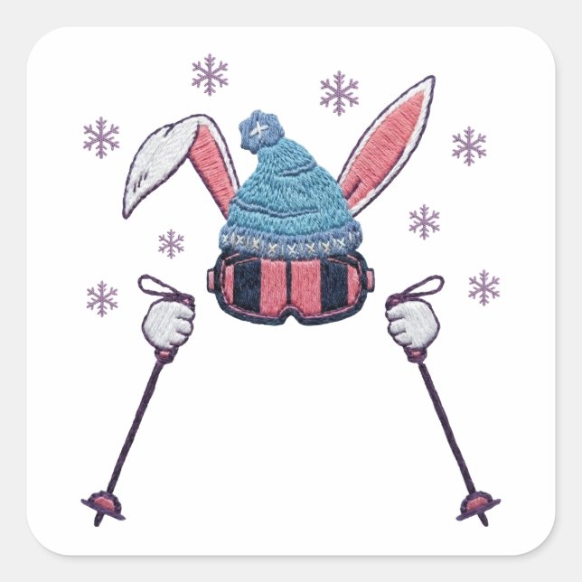 Pegatina Cuadrada Faux yarn skiing rabbit winter humor (Anverso)