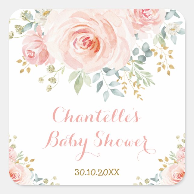 Pegatina Cuadrada Favor de agradecimiento floral de rosas acuarela f (Anverso)