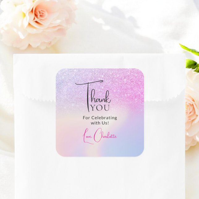 Pegatina Cuadrada Favor de agradecimiento para despedida de soltera  (Pink Purple Glitter Bridal Shower Favor Thank You Square Sticker)