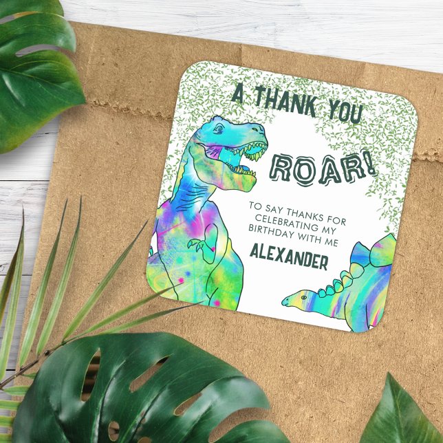 Pegatina Cuadrada Favor de agradecimiento para fiesta de cumpleaños  (T-Rex roar dinosaur party thank you custom favor sticker with colorful watercolor stegosaurus )
