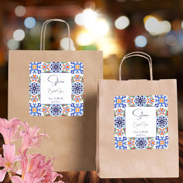 Pegatina Cuadrada Favor de baby shower de azulejos azules mexicanos 
