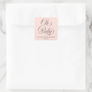 Pegatina Cuadrada Favor de baby shower Oh Baby Elegant Script Rosa