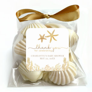 Pegatina Cuadrada Favor de Baby Shower 'Pequeña Perla' con Acuarela 