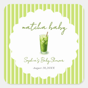 Pegatina Cuadrada Favor de Baby Shower Verde Bebé Matcha Ondulado Li