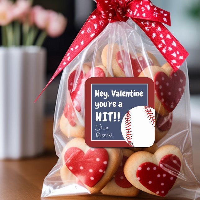 Pegatina Cuadrada Favor de béisbol del Día de San Valentín: Eres un  (You're A Hit Valentine Baseball Favor Square Sticker)