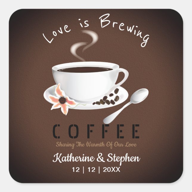 Pegatina Cuadrada Favor de Boda Café Love Is Brewing (Anverso)