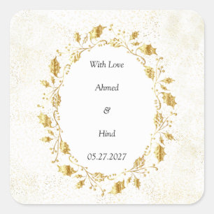 Pegatina Cuadrada Favor de boda clásico hoja de follaje dorado elega