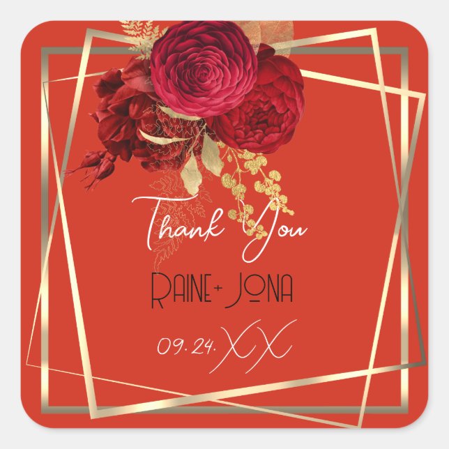 Pegatina Cuadrada Favor de boda de ducha nupcial Marco dorado floral (Anverso)