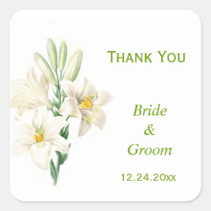 Pegatina Cuadrada Favor de boda de flores de lirio blancas vintage a